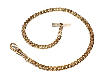 10" 12" 14" 16" 18" Length - 7mm Medium Weight Gold Faceted Curb Single Albert Pocket Watch Chain- w/ Optional Fob Drop