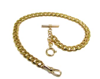 10" 12" 14" 16" 18" Length - 8mm Thick Gold Faceted Curb Single Albert Pocket Watch Chain- w/ Optional Fob Drop