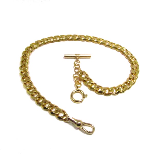 10" 12" 14" 16" 18" Length - 8mm Thick Gold Faceted Curb Single Albert Pocket Watch Chain- w/ Optional Fob Drop