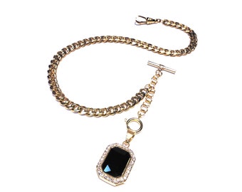 10" 12" 14" 16" 18" Gold Single Albert Watch Chain & Fob Set - Black Onyx CZ