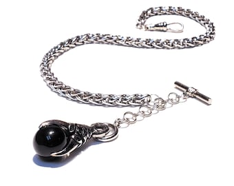 10" 12" 14" 16" 18" Silver Single Albert Watch Chain & Fob Set - Jet Black