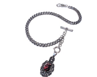 10" 12" 14" 16" 18"  Silver Single Albert Watch Chain & Fob Set - Ruby Red CZ Crown Fob