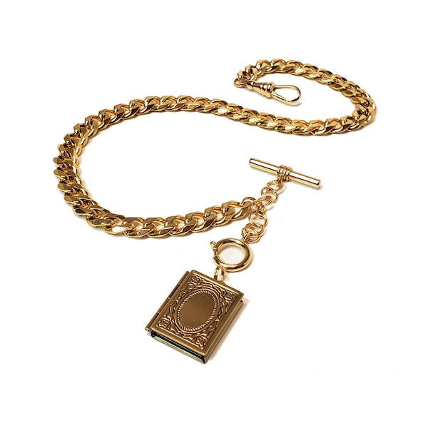 10" 12" 14" 16" 18" Gold Single Albert Watch Chain & Fob Set - Gold Story Book Locket