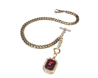 10" 12" 14" 16" 18" Gold Single Albert Watch Chain & Fob Set - Ruby Red CZ