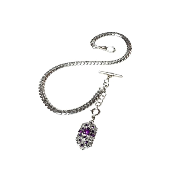 10" 12" 14" 16" 18"  Silver Single Albert Watch Chain & Fob Set - Art Deco Style Fob Royal Violet