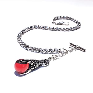 10" 12" 14" 16" 18"  Silver Single Albert Watch Chain & Fob Set - Ruby Red