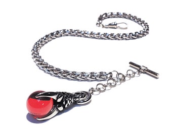 10" 12" 14" 16" 18"  Silver Single Albert Watch Chain & Fob Set - Ruby Red