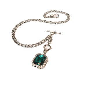 10&quot; 12&quot; 14&quot; 16&quot; 18&quot;  Silver Single Albert Watch Chain & Fob Set - Emerald Green