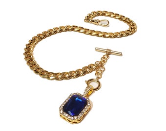 10" 12" 14" 16" 18" Gold Single Albert Watch Chain & Fob Set - Sapphire Blue