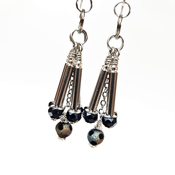 925 Silver Wire Wrapped Chandelier Earrings W/ Czech Black Glass