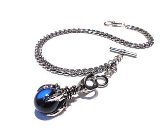 10" 12" 14" 16" 18" Silver Single Albert Watch Chain - Blue Claw Fob Set