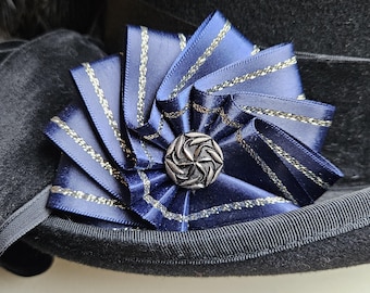 Half Cockade / Cocarde - Hat / Lapel Pin - Antique Button - Navy Blue and Metallic Gold Striped Ribbon
