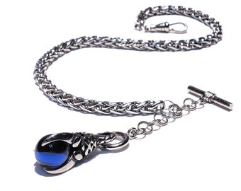 10" 12" 14" 16" 18" Silver Single Albert Watch Chain & Fob Set - Deep Blue