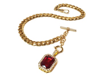 10" 12" 14" 16" 18" Gold Single Albert Watch Chain & Fob Set - Ruby Red