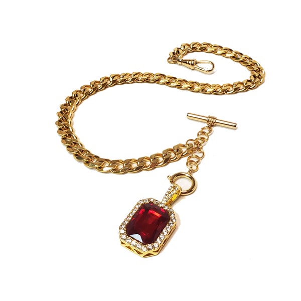10" 12" 14" 16" 18" Gold Single Albert Watch Chain & Fob Set - Ruby Red
