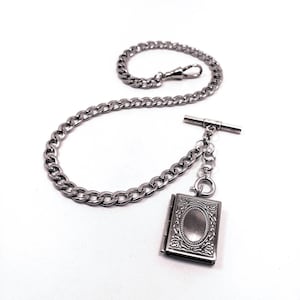 10&quot; 12&quot; 14&quot; 16&quot; 18&quot; Silver Single Albert Watch Chain & Fob Set - Silver Story Book Locket