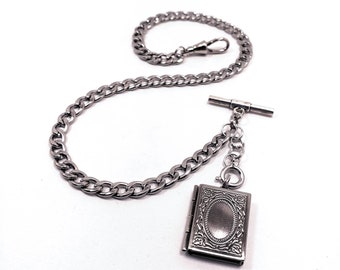 10" 12" 14" 16" 18" Silver Single Albert Watch Chain & Fob Set - Silver Story Book Locket
