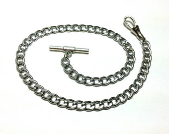 10" 12" 14" 16" 18" Single Albert Pocket Watch Chain - 6mm 7mm 8mm Silver Curb - w/ Optional Fob Drop