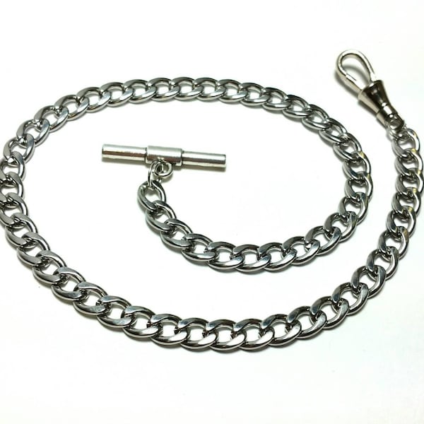 10" 12" 14" 16" 18" Single Albert Pocket Watch Chain - 6mm 7mm 8mm Silver Curb - w/ Optional Fob Drop