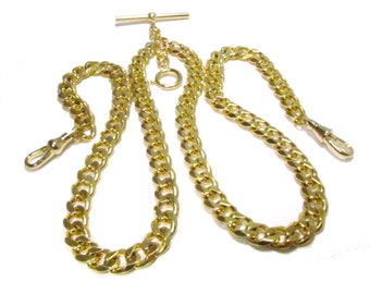 10" 12" 14" 16" 18" Double Albert Pocket Watch Chain - 5mm 7mm 8mm Gold Faceted Cuban Curb - w/ Optional Fob Drop