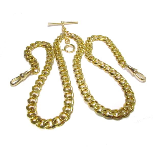 10" 12" 14" 16" 18" Double Albert Pocket Watch Chain - 5mm 7mm 8mm Gold Faceted Cuban Curb - w/ Optional Fob Drop