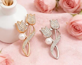 Broche doble de tulipán con diamantes, elegante broche floral inspirado en la naturaleza, joyería de aleación con perlas.