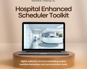 Może przedstawiać: Laptop z wnętrzem szpitala stoi na drewnianym stojaku. Ekran pokazuje nowoczesny korytarz szpitalny. Tekst na ekranie brzmi "Hospital Enhanced Scheduler Toolkit". Stojak ma również tekst "digital collection of smart scheduling scripts, workflow templates, and communication tools."