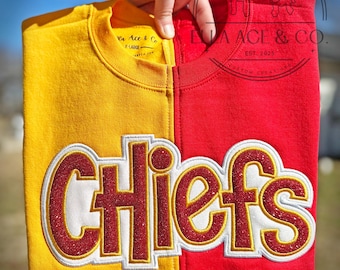 Two Toned Red and Gold Split Chiefs Sweatshirt / Game Day Crewneck / Custom Football Pullover