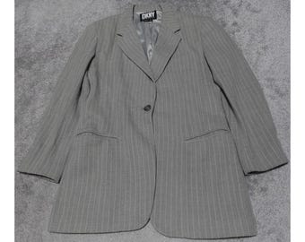 DKNY Mantel Jacke Damen Größe 6 Grau Gestreift Einreiher Gefüttert VINTAGE USA