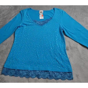 Vintage Rods Sparkle Lace Top Women&#39;s XL Blue Scoop Neck 3/4 Sleeve Casual