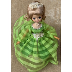 Vintage 12" SANKYO ORGEL Rotating Music Box Doll Big Eyes Green Dress Blonde