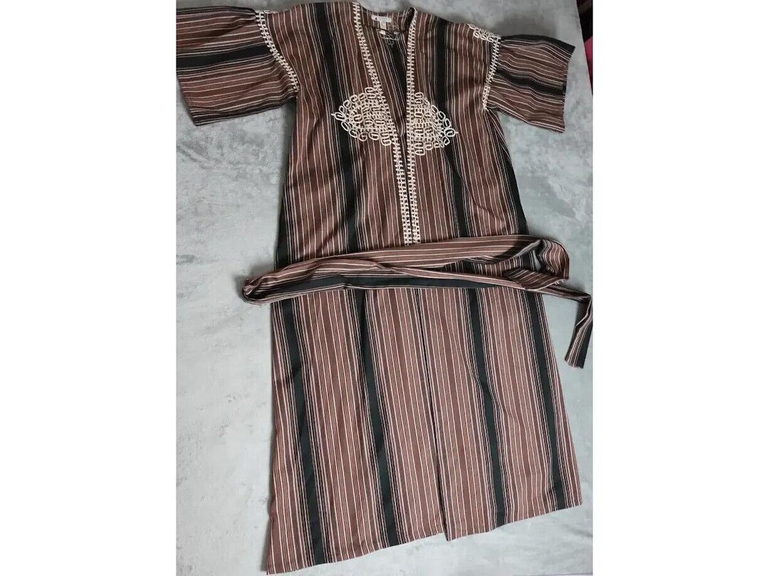 Maskit Robe Dress Women's Large Israeli Vintage Hand Embroidered Cotton ...