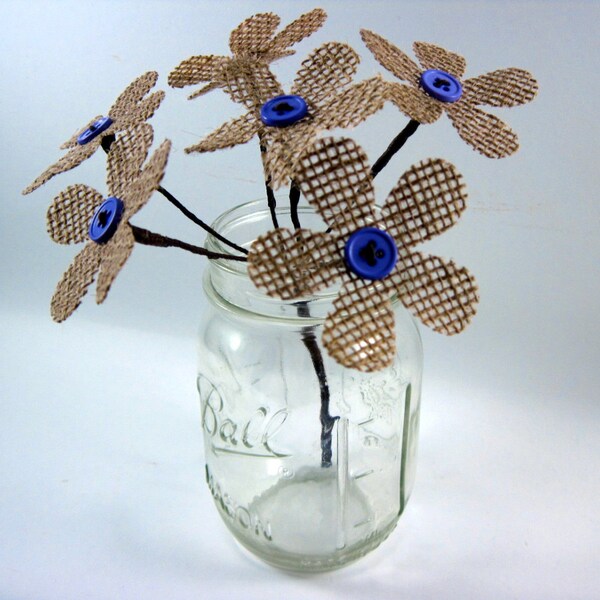 Dainty Natural Burlap Flowers with Purple Buttons, 6 Stems