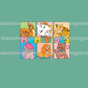 以下が含まれることがあります： ディズニーの漫画のキャラクターをフィーチャーしたカラフルなグラフィック。 画像は正方形に分割され、それぞれが異なるキャラクターを表示し、中央に「MOM VIBES」という言葉があります。 背景は無地のティール色です。