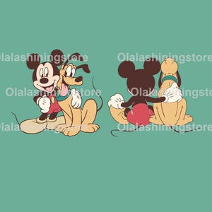 Può includere: Due immagini di cartoni animati di Topolino e Pluto su sfondo verde acqua. Un'immagine mostra Topolino che abbraccia Pluto, e l'altra li mostra da dietro. Topolino indossa pantaloncini rossi e Pluto è marrone chiaro.