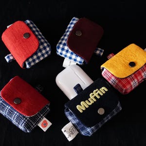 Handmade AirPods Case Keychain Heritage Handwoven Cotton | Fabric Earbuds Pouch Velvet Flap Snap | Plaid Mini Pouch Earphone Holder Gift