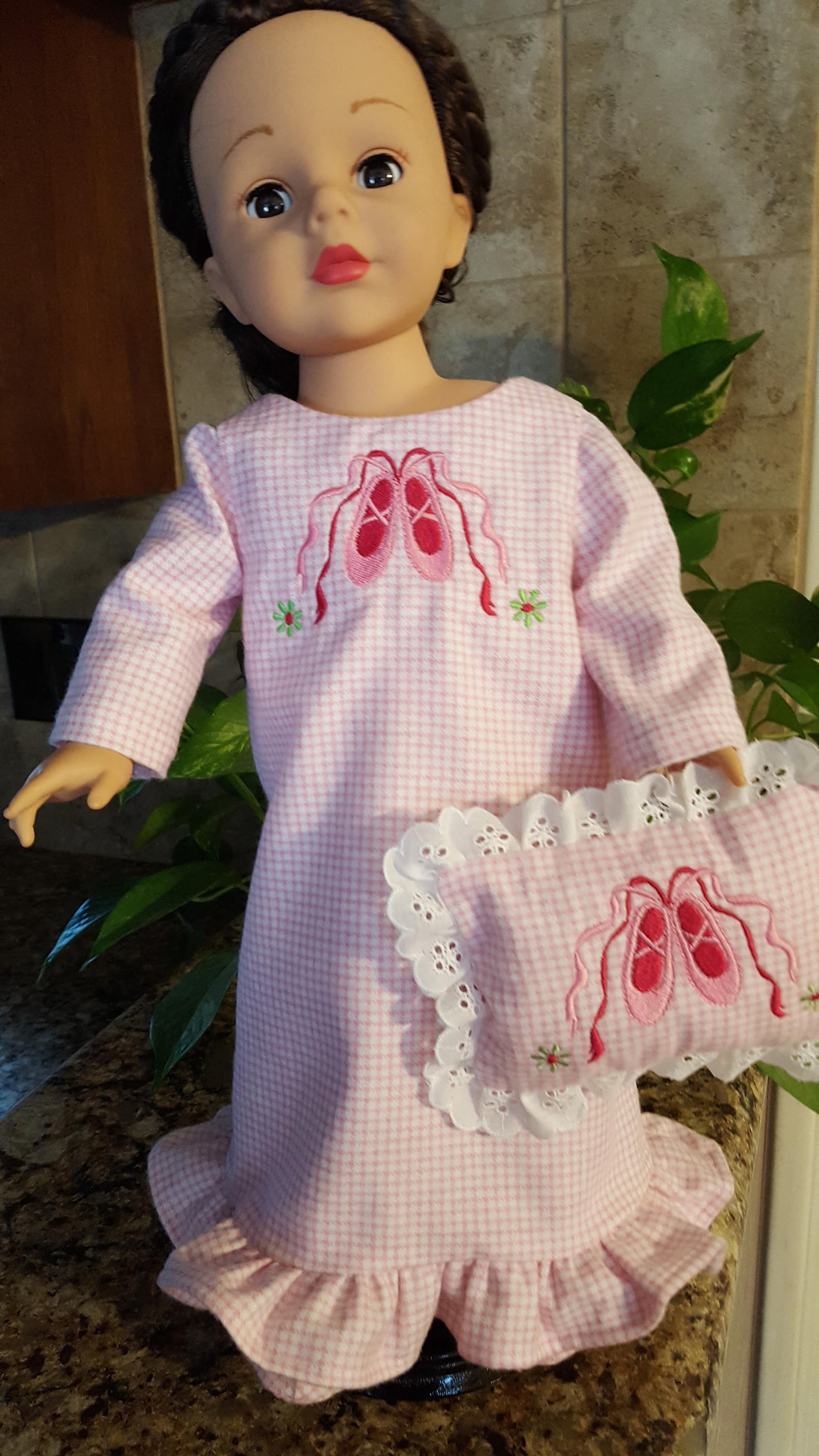 embroidered ballet shoes on pink gingham nightgown slippers pillow for american girl doll 18