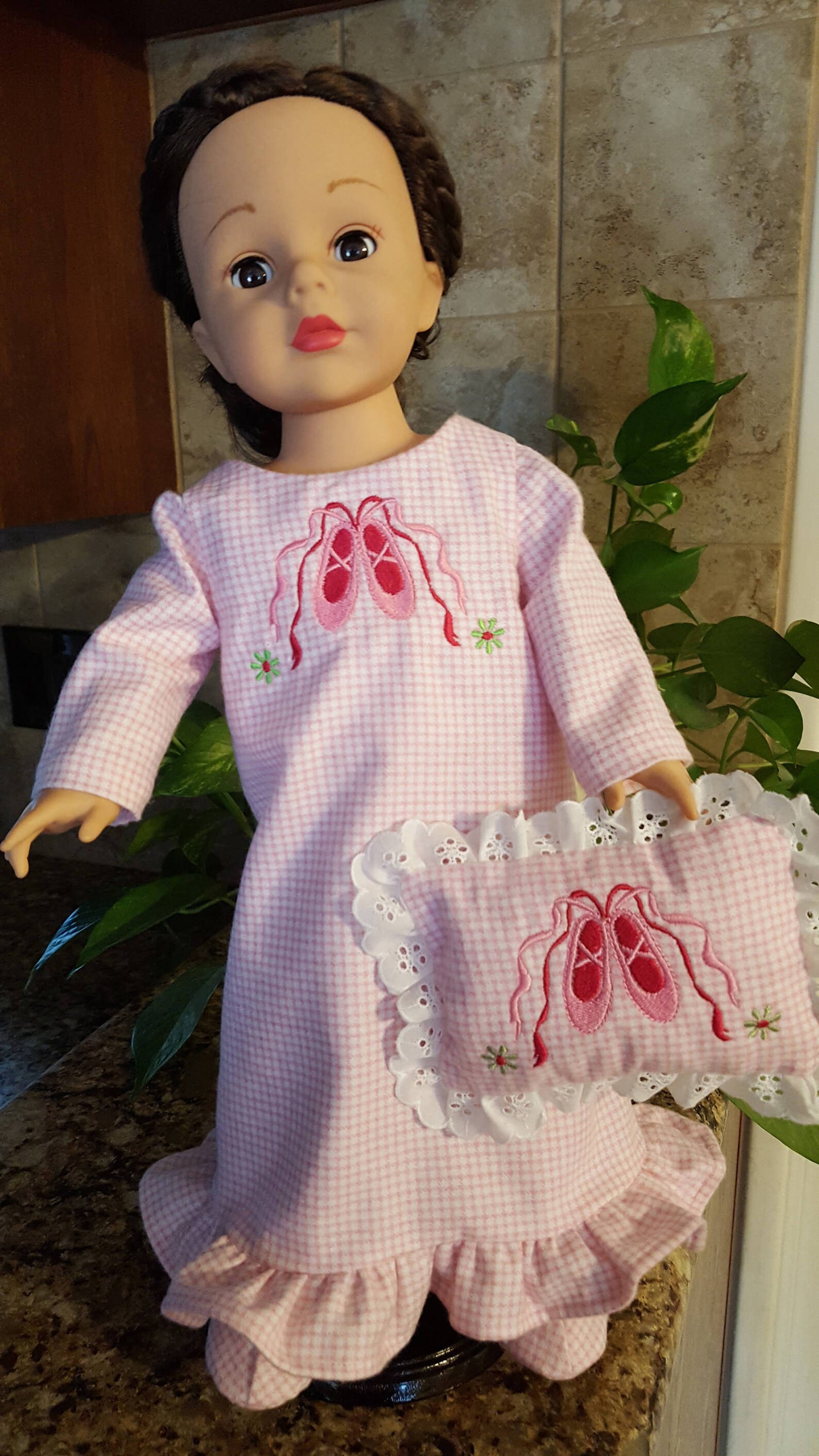 embroidered ballet shoes on pink gingham nightgown slippers pillow for american girl doll 18