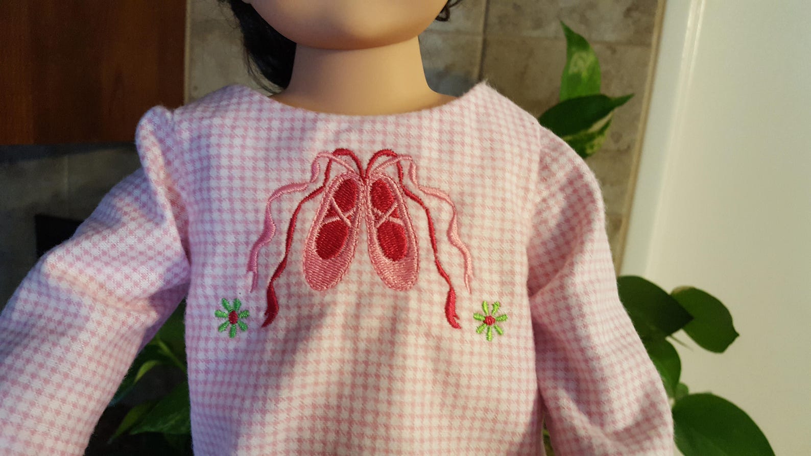 embroidered ballet shoes on pink gingham nightgown slippers pillow for american girl doll 18