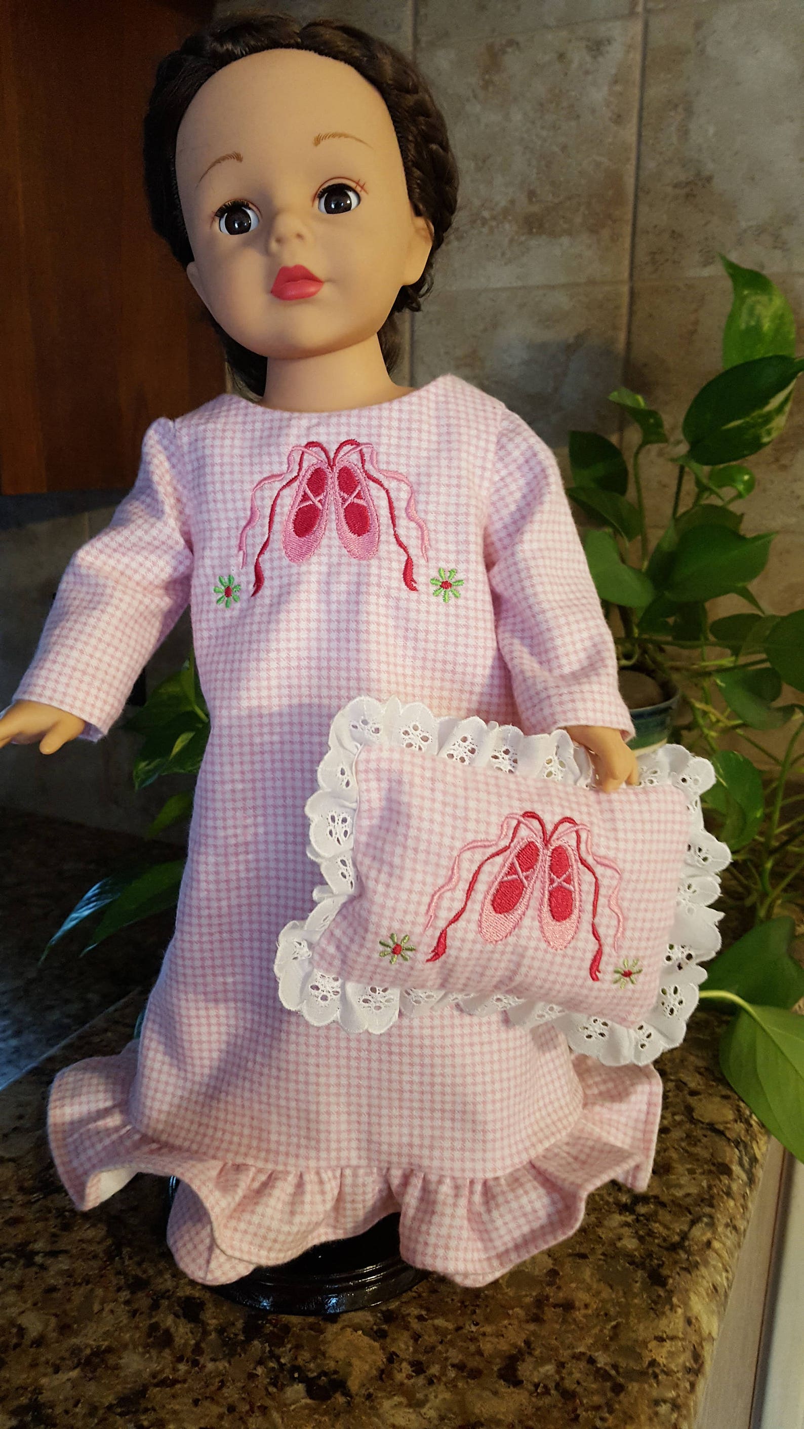 embroidered ballet shoes on pink gingham nightgown slippers pillow for american girl doll 18