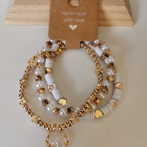 White & Gold Beaded Bracelet Set |Handmade Stacking Bracelets | Pearl Charm Bracelet Gift