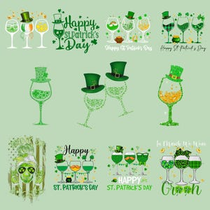 May include: A collection of St. Patrick's Day themed designs on a light green background. The designs include wine glasses with shamrock and leprechaun hat motifs, along with text that reads "Happy St. Patrick's Day" and "In March We Wear Green."