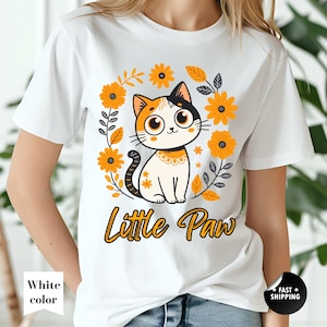 Cute Cat T-Shirt "Little Paw" Kitten Tee Adorable Pet Lover Gift | Floral Cat T-Shirt Artistic Kitten Tee Unique Pet Design