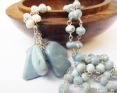 Blue opal necklace, opal pendant, cluster pendant, natural opal, sterling silver, long necklace, something blue, for the bride