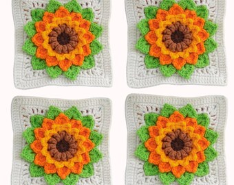 Crochet Sunflower Granny Square Pattern, Sunflower Granny Square Crochet Pattern, Flower Pattern with Video Tutorial, Granny Square Pattern