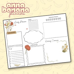 May include: A white daily planner with black outlines and floral illustrations. The planner includes sections for daily tasks, notes, and a hydration station. The text "anna banana planners" is at the top, with the words "Daily Planner" and "Hatching tomorrow" visible.