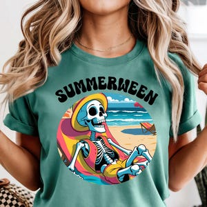 Summerween Skeleton Beach T-shirt, Summer Halloween Shirt, Halloween Tee, Vacation Skeleton Shirt, Skeleton Graphic Tee