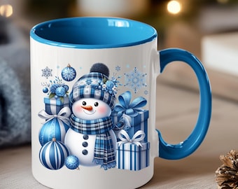 Blauer Schneemann mit Ornamenten und Geschenken Tasse | Schneemann-Weihnachtsbecher | Weihnachtsgeschenk| Niedliche Schneemann Kaffee Tasse