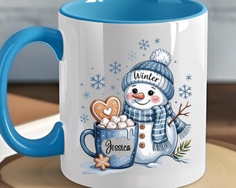 Taza personalizada con muñeco de nieve y detalles de chocolate caliente / Muñeco de nieve invernal adorable, regalo de taza personalizada