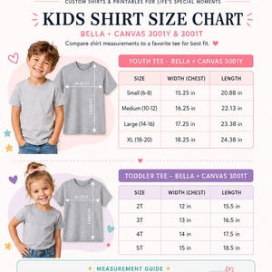 May include: A Story Stitch Designs kids shirt size chart for Bella + Canvas 3001Y and 3001T tees. It includes two tables listing sizes, widths, and lengths in inches for youth and toddler shirts, along with a measurement guide and instructions.
